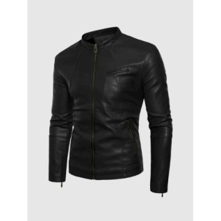 Small Collar Black Leather Jacket In Stock XS-4XL