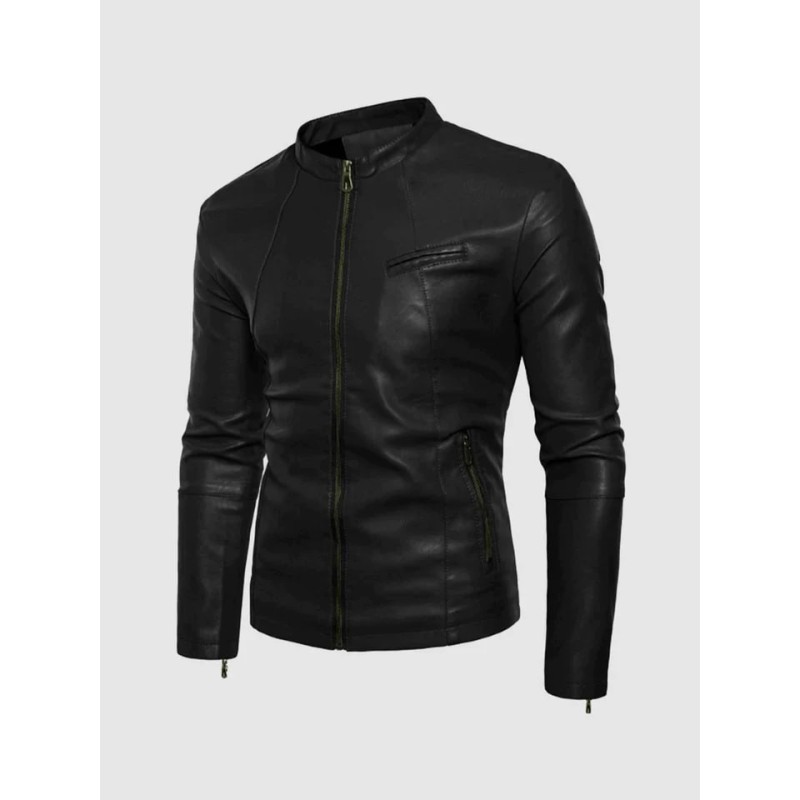 Small Collar Black Leather Jacket In Stock XS-4XL