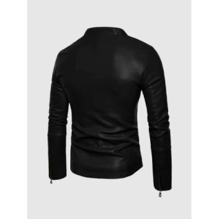 Small Collar Black Leather Jacket In Stock XS-4XL