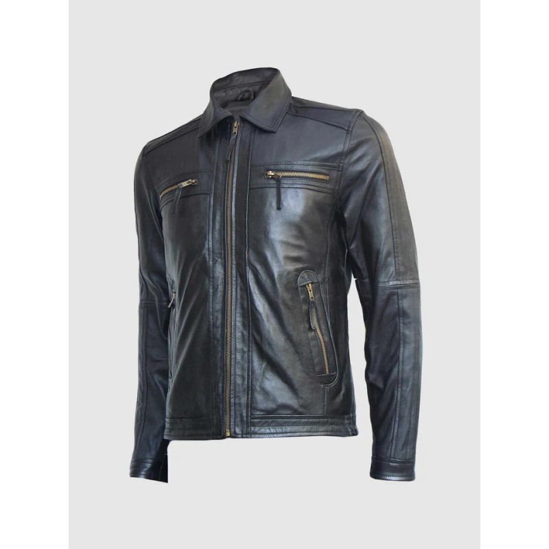 Black Leather Zipper Jacket In Stock XS-4XL