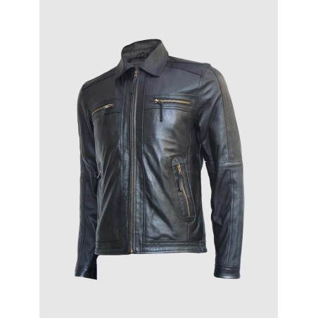 Black Leather Zipper Jacket In Stock XS-4XL