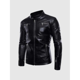 Stand Collar Leather Jacket In Stock XS-4XL