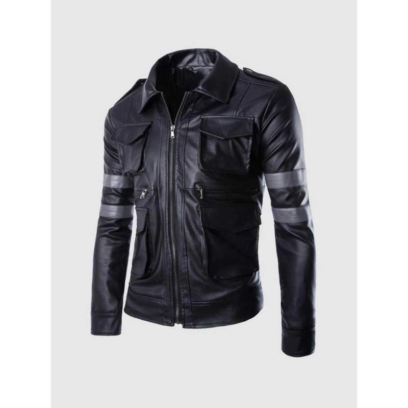 Black Leather Jacket With Gray Stripes In Stock XS-4XL