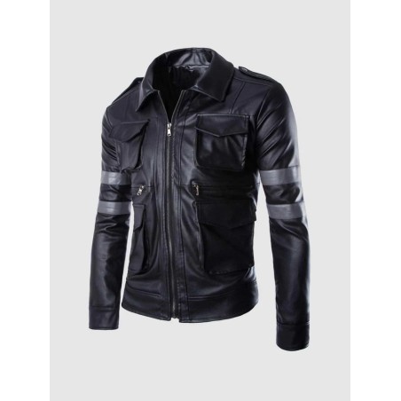 Black Leather Jacket With Gray Stripes In Stock XS-4XL