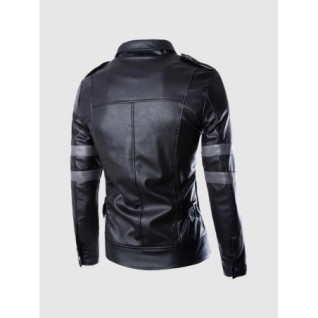 Black Leather Jacket With Gray Stripes In Stock XS-4XL