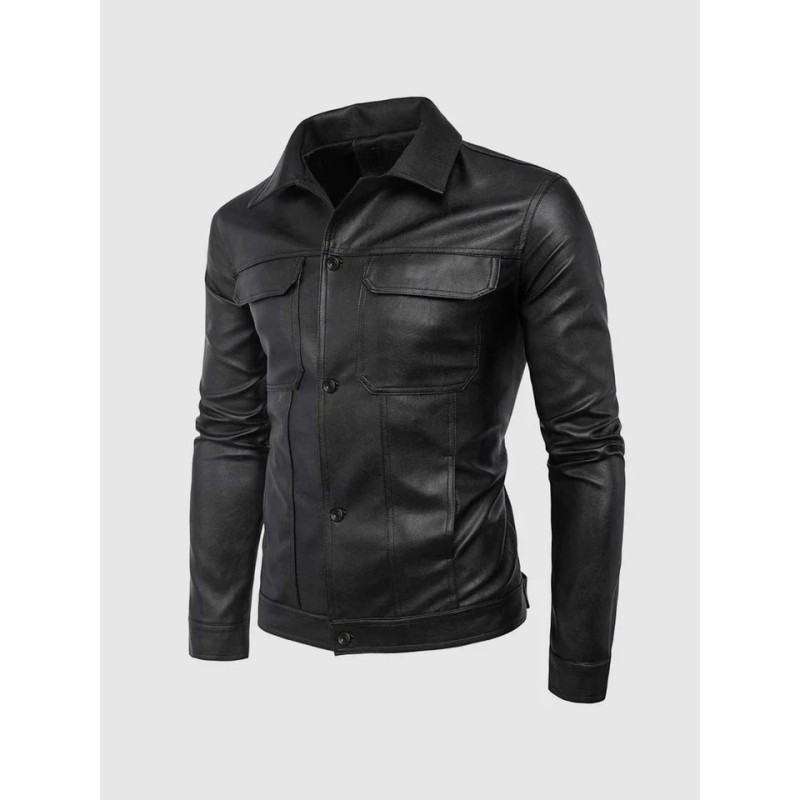 Collared Leather Jacket In Stock XS-4XL