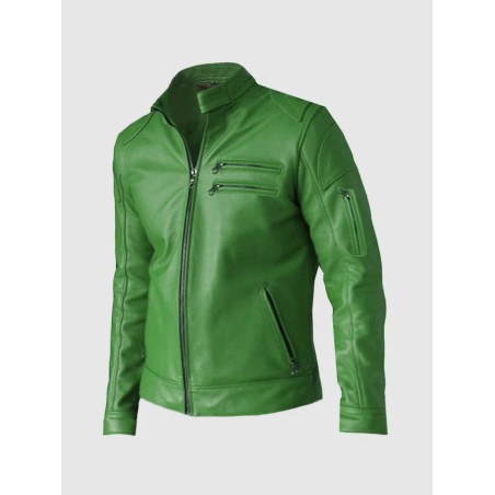 Regular Fit Part Wear Men Green Leather Jacket In Stock XS-4XL