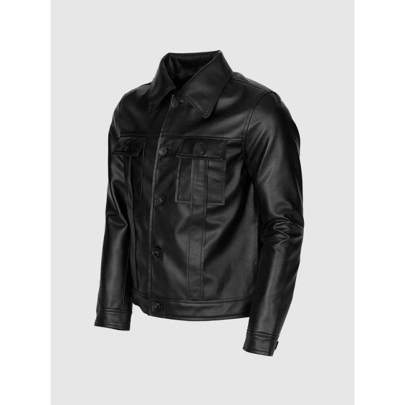 Men Black Leather Jacket With Folded Collar In Stock XS-4XL