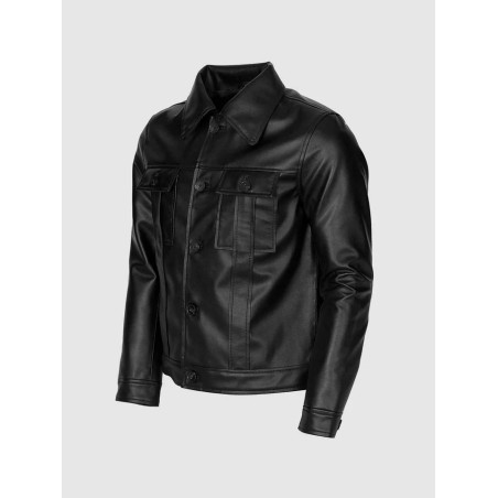 Men Black Leather Jacket With Folded Collar In Stock XS-4XL