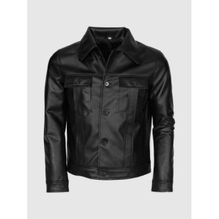 Men Black Leather Jacket With Folded Collar In Stock XS-4XL