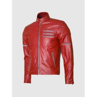 Classic Zipper Style Red Leather Jacket Men In Stock XS-4XL