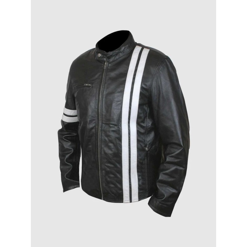 Men's Black Leather Jacket With White Stripes In Stock XS-4XL