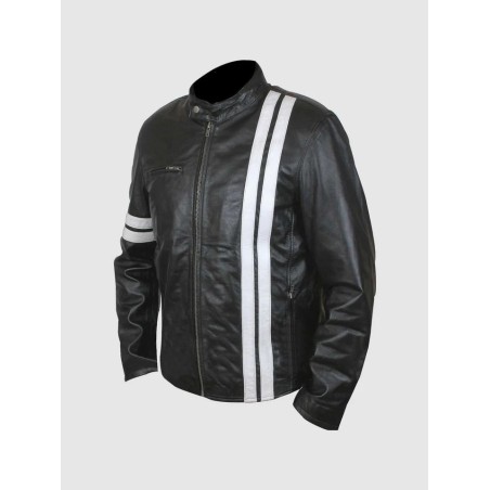 Men's Black Leather Jacket With White Stripes In Stock XS-4XL