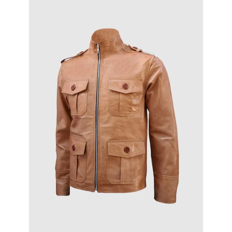 Cafe Racer Fitted Men Leather Tan Jacket In Stock XS-4XL