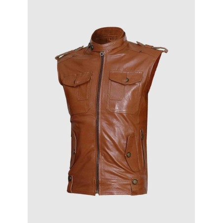 Flapper Style Men Tan Sleeveless Leather Jacket In Stock XS-4XL