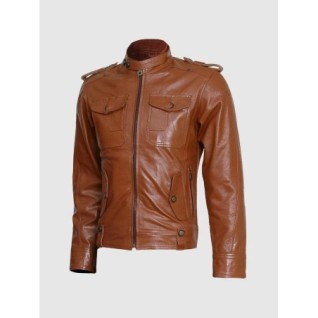 Men's Tan Biker Leather Jacket In Stock XS-4XL