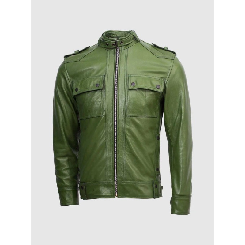 Slim Fit Men Green Biker Jacket In Stock XS-4XL