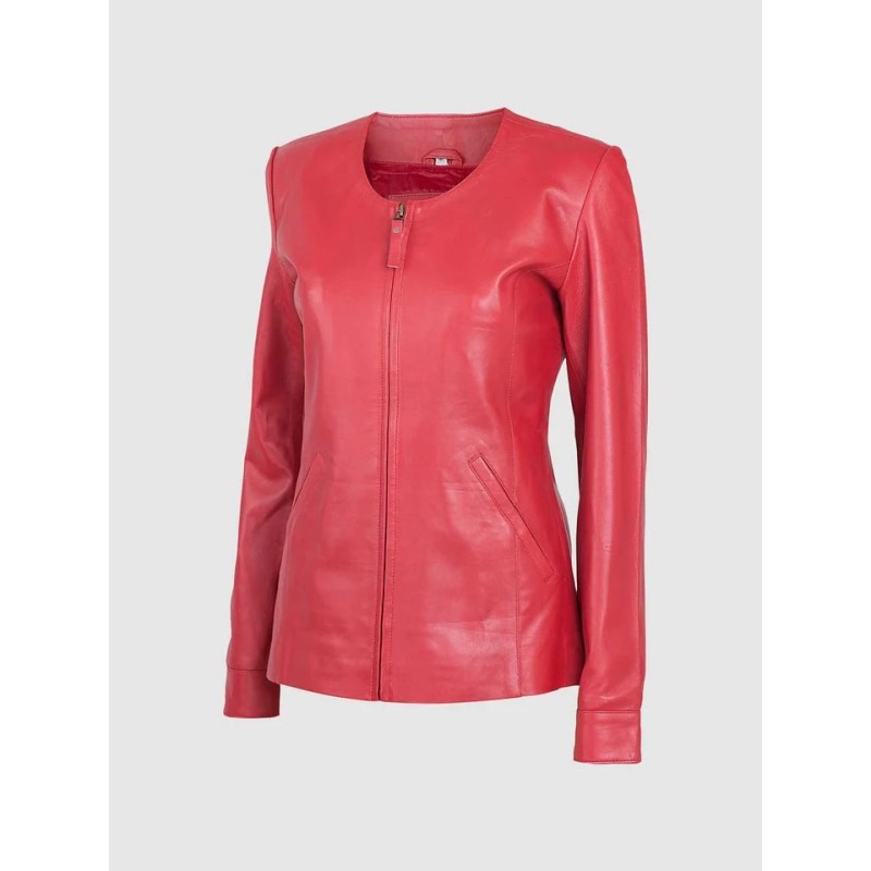 Leather Collarless Jacket Red In Stock XS-XL