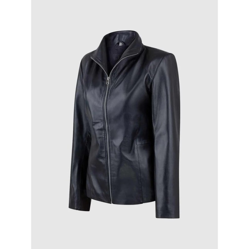 Women High Collar Leather Jacket Black In Stock XS-XL