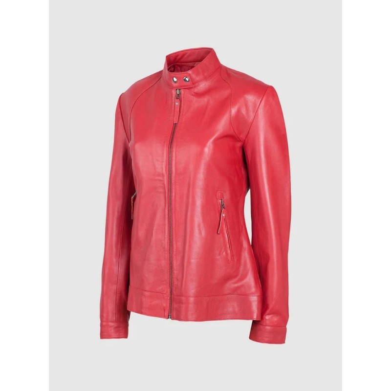 Women Red Leather Motorcycle Jacket In Stock XS-XL