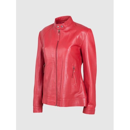 Women Red Leather Motorcycle Jacket In Stock XS-XL