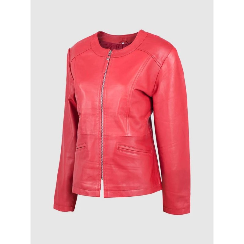 Collarless Leather Biker Jacket Red In Stock XS-XL