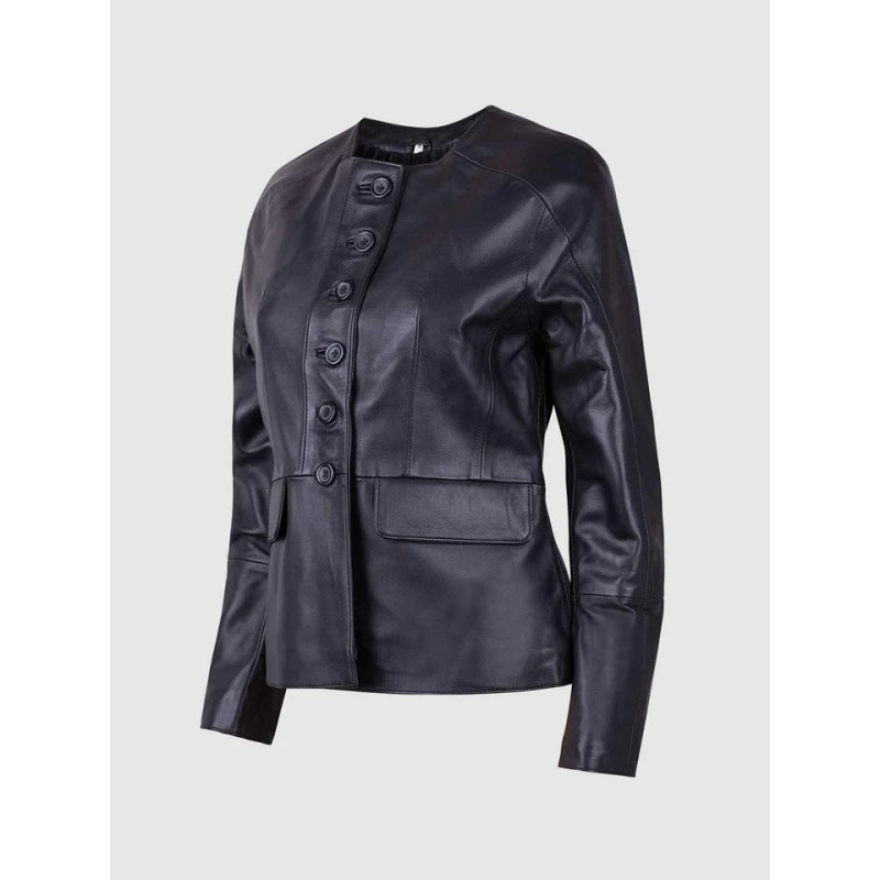 The Button Closure Leather Jacket Black In Stock XS-XL