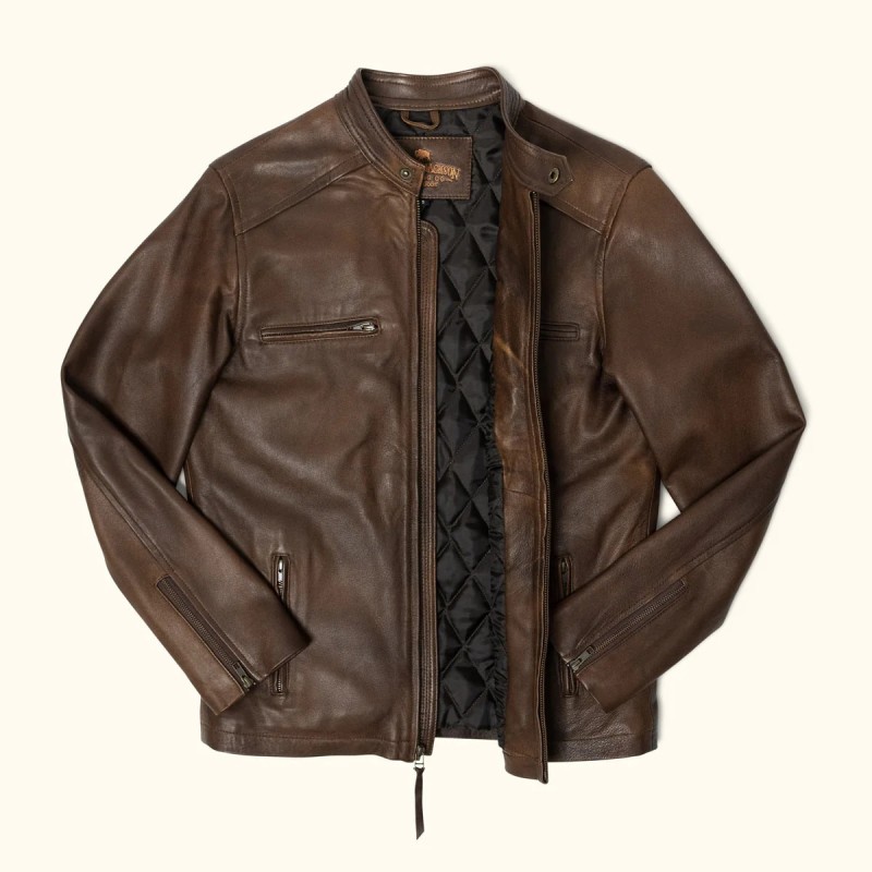 BROWN THOMPSON LEATHER MOTO JACKET IN STOCK S-2XL