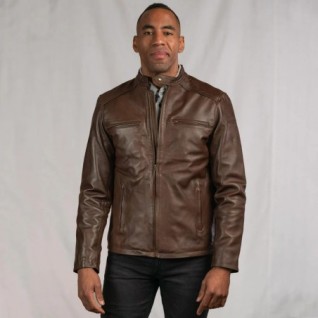 BROWN THOMPSON LEATHER MOTO JACKET IN STOCK S-2XL