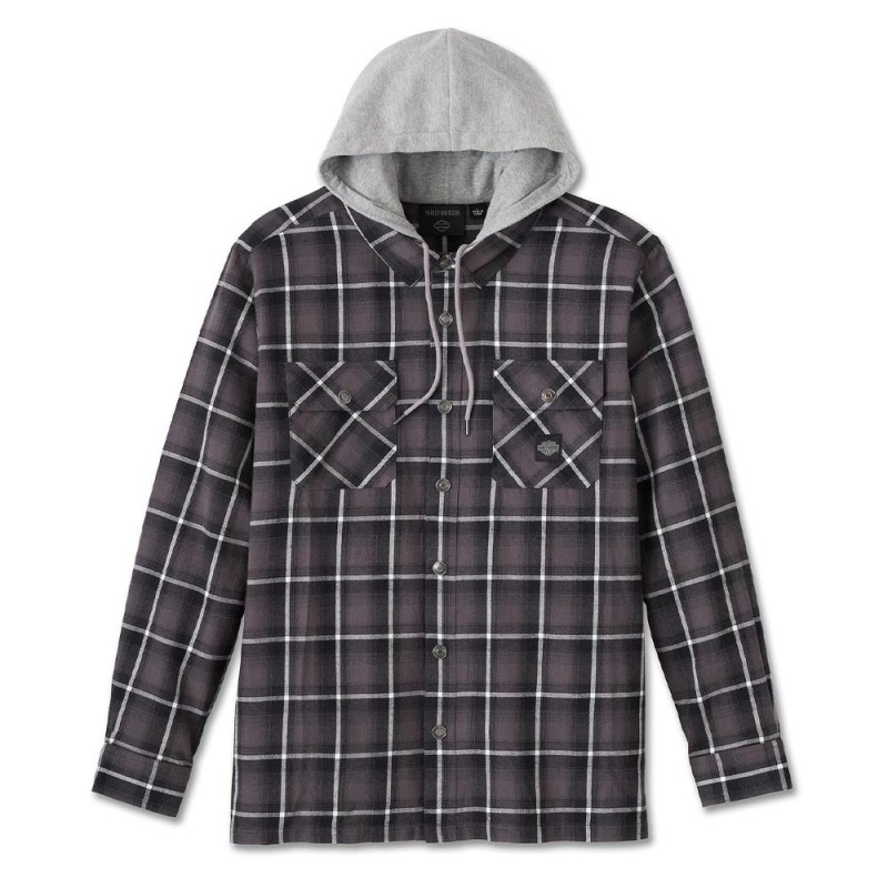 HD MEN'S BURNER LONG SLEEVE HOODED SHIRT BLACK PLAID